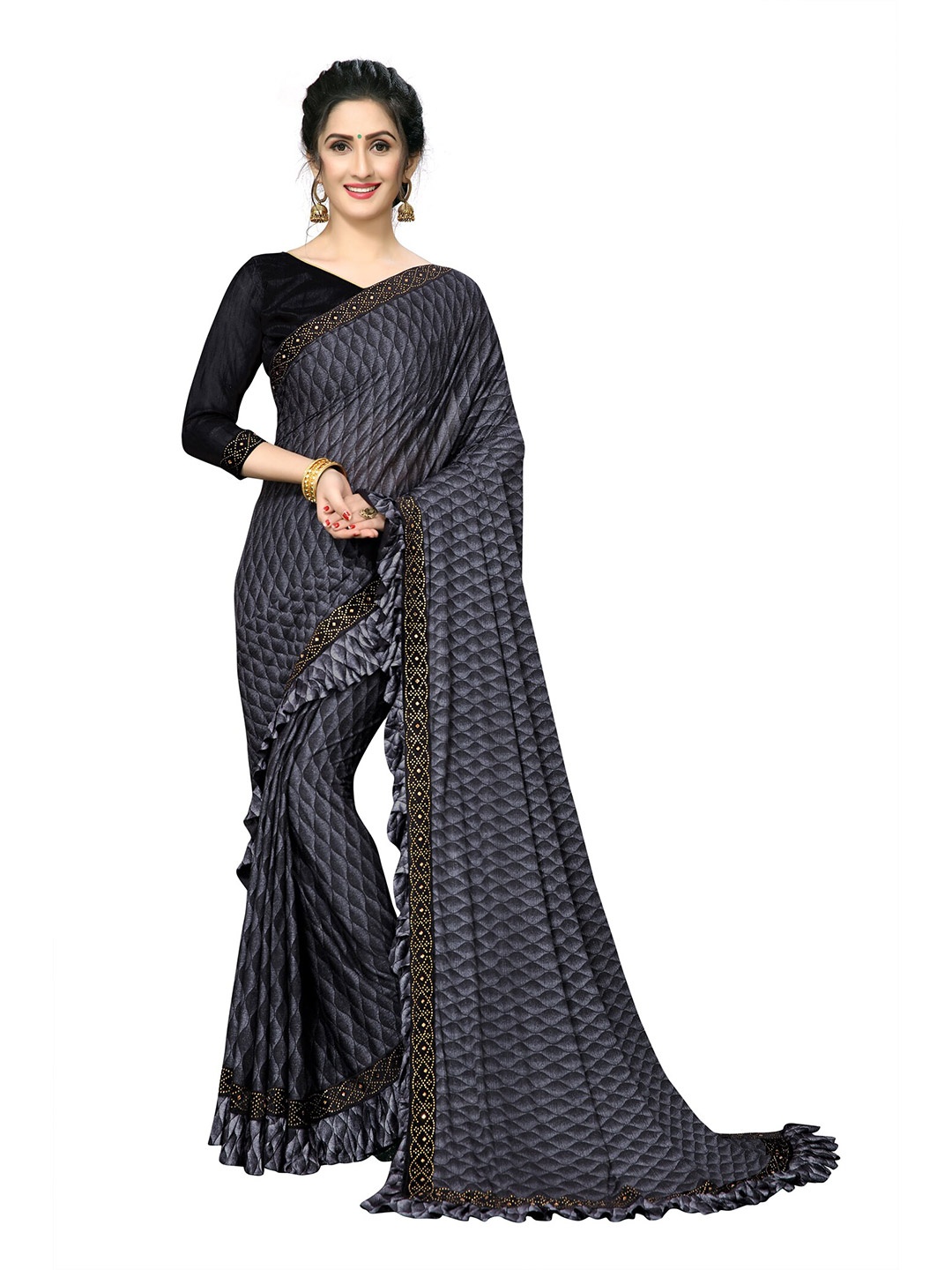 

Mitera Grey & Black Geometric Printed Ruffled Saree