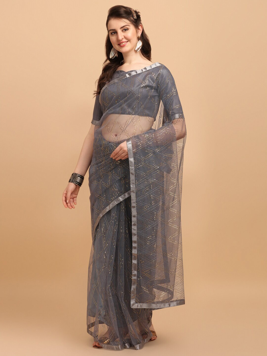 

Mitera Grey Embellished Sequinned Net Saree
