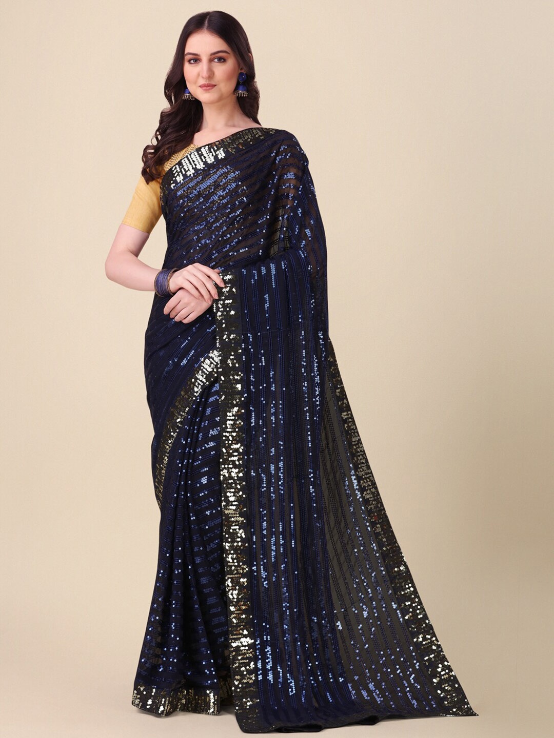 

Mitera Embellished Sequinned Pure Georgette Saree, Navy blue