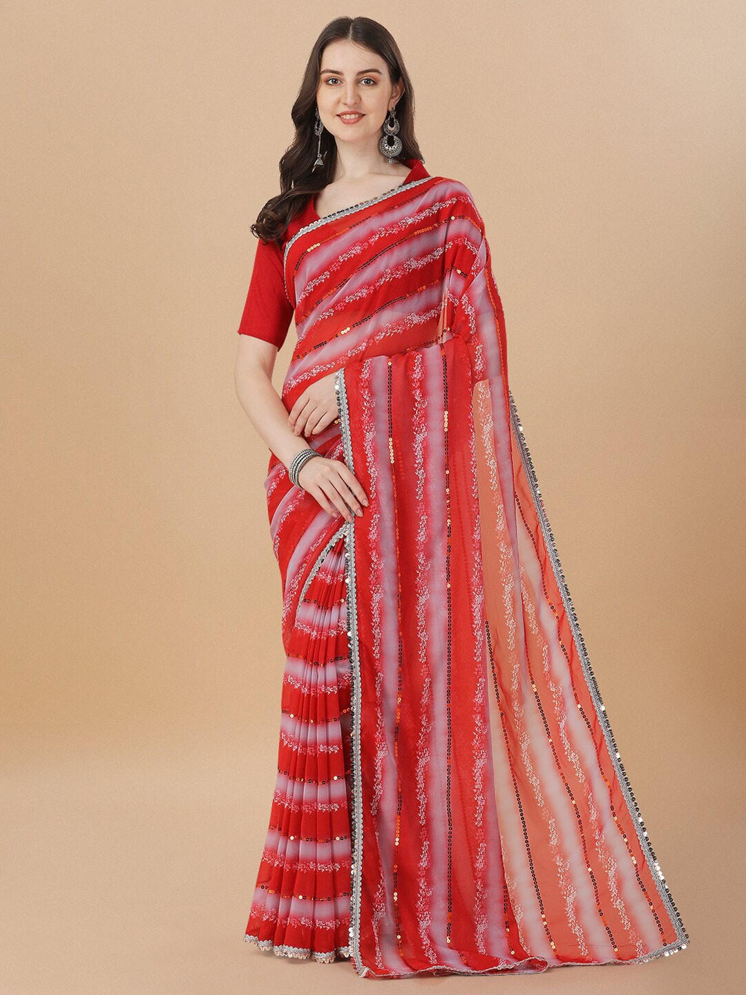 

Mitera Embellished Sequinned Pure Georgette Saree, Red