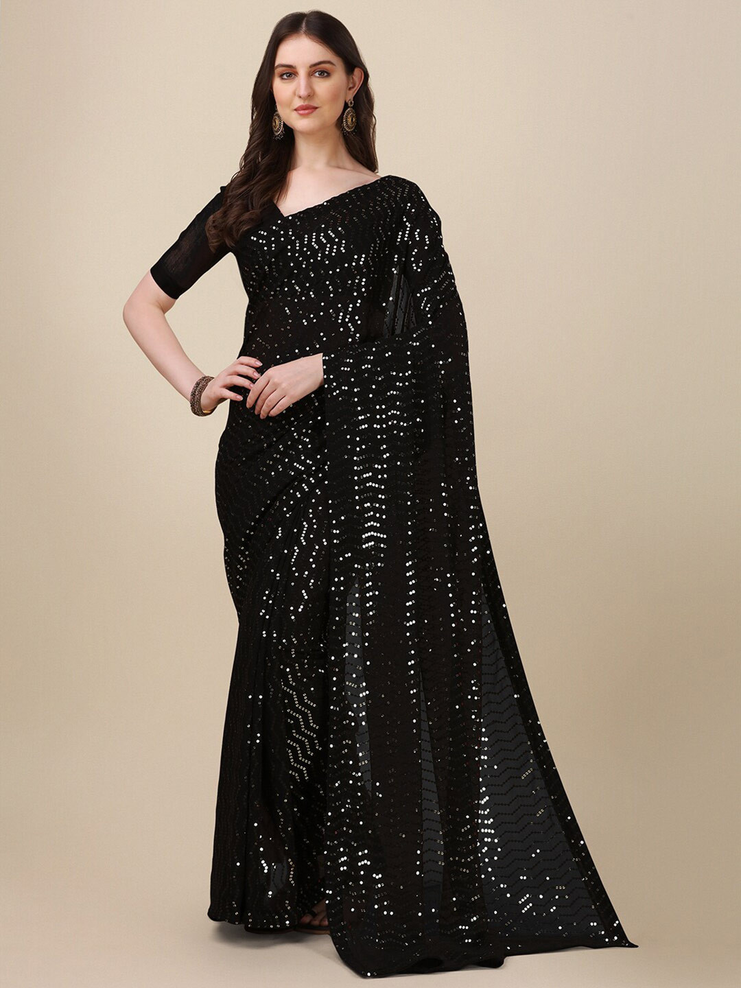 

Mitera Black Embellished Sequinned Pure Georgette Saree