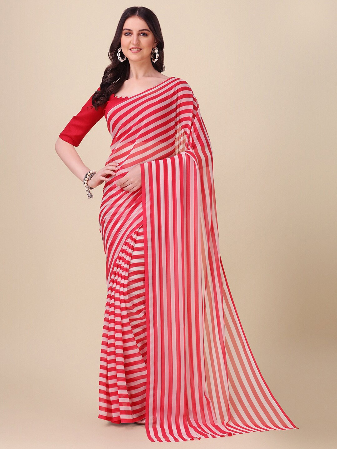 

Mitera Striped Pure Georgette Saree, Pink