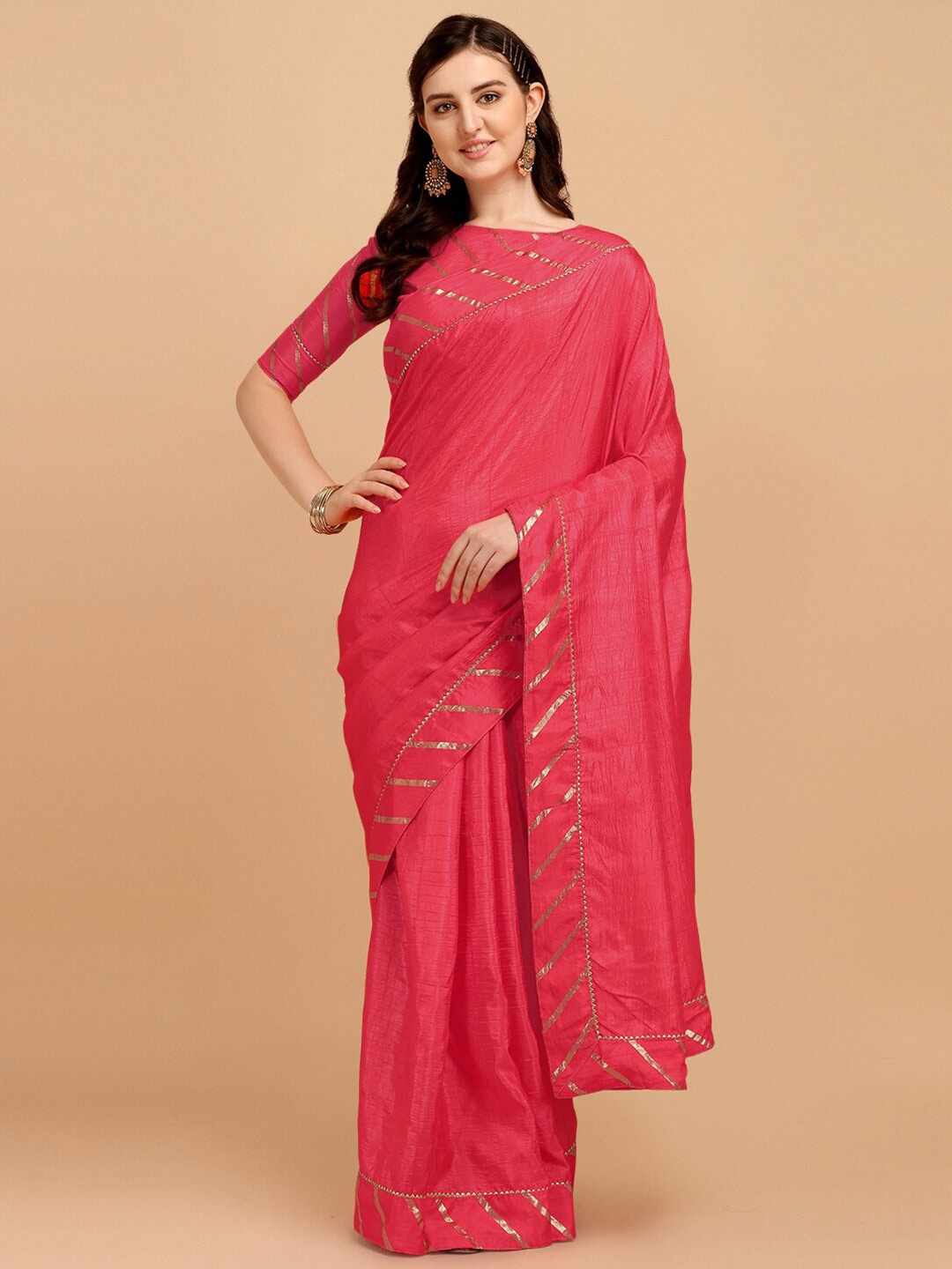 

Mitera Striped Foil Lace Gotta Patti Leheriya Saree, Peach