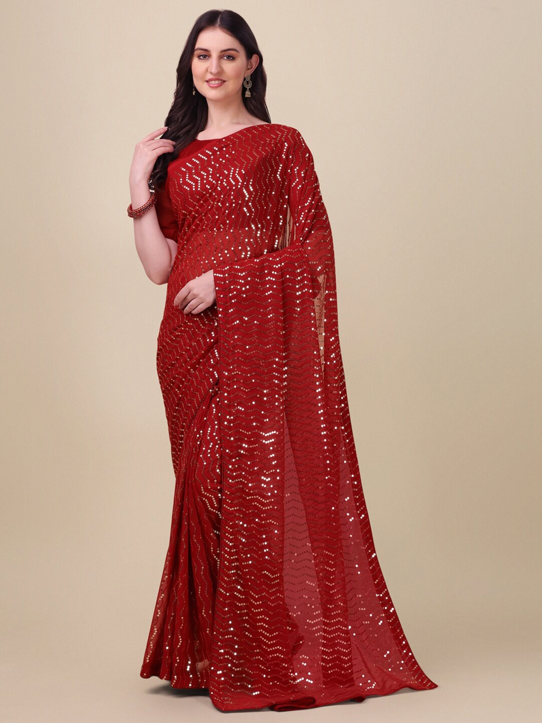 

Mitera Embellished Sequinned Pure Georgette Saree, Maroon