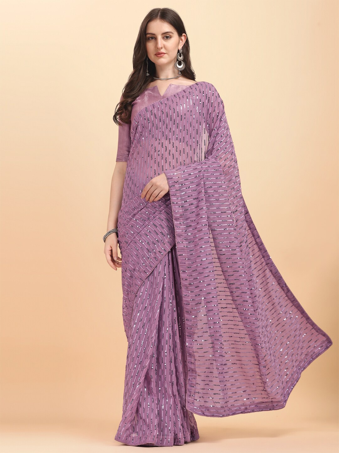 

Mitera Embellished Sequinned Pure Georgette Saree, Purple