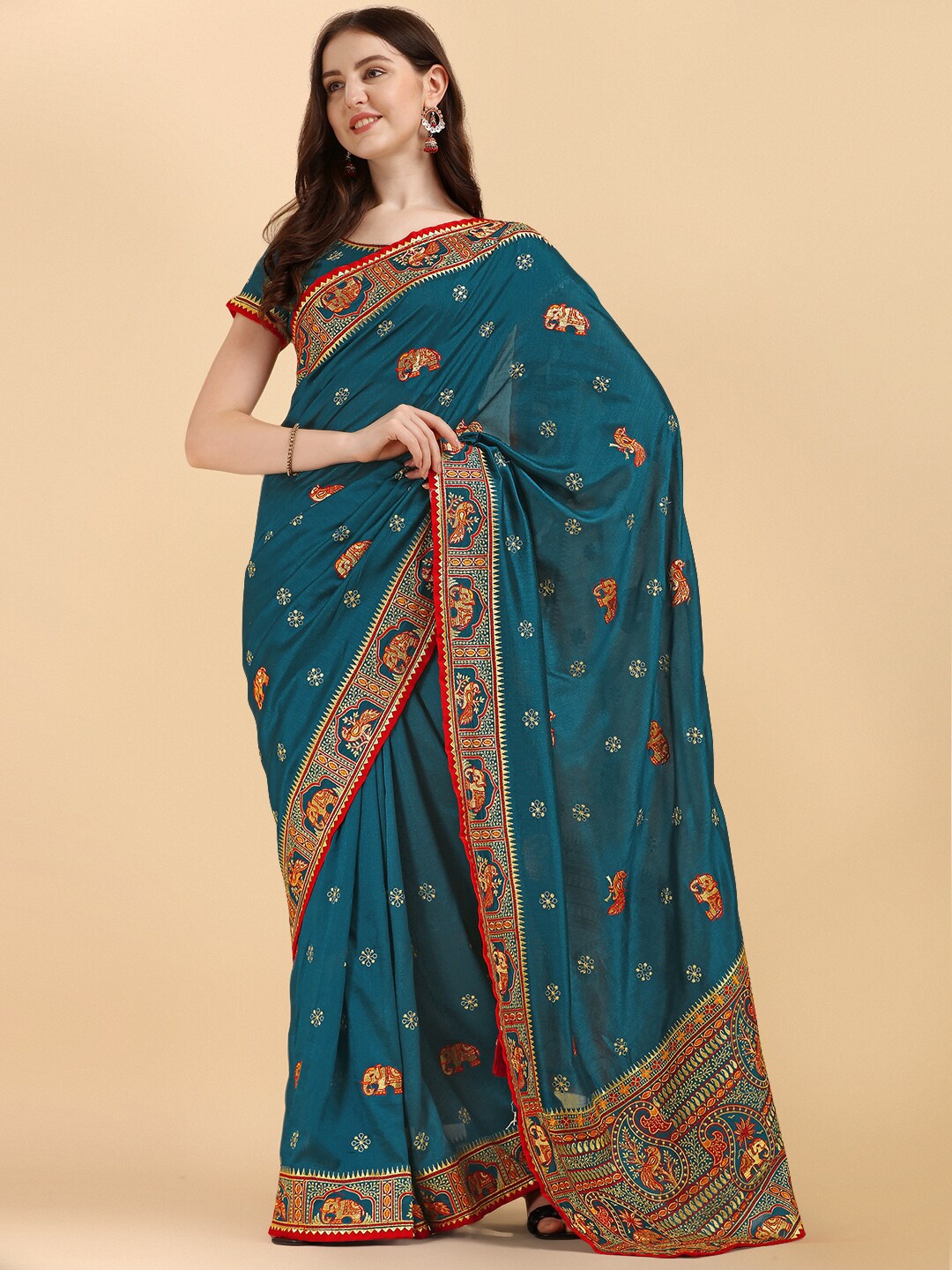 

Mitera Teal Blue & Red Ethnic Motifs Embroidered Art Silk Saree