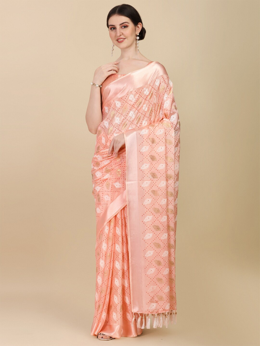 

Mitera Peach & Gold Woven Design Zari Satin Saree
