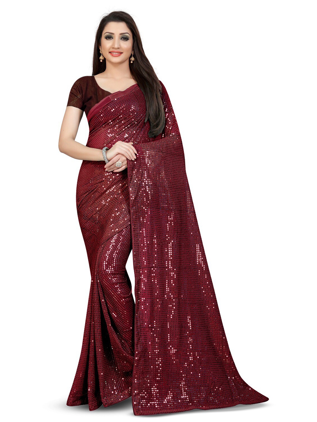 

Mitera Maroon Embellished Sequinned Pure Georgette Saree