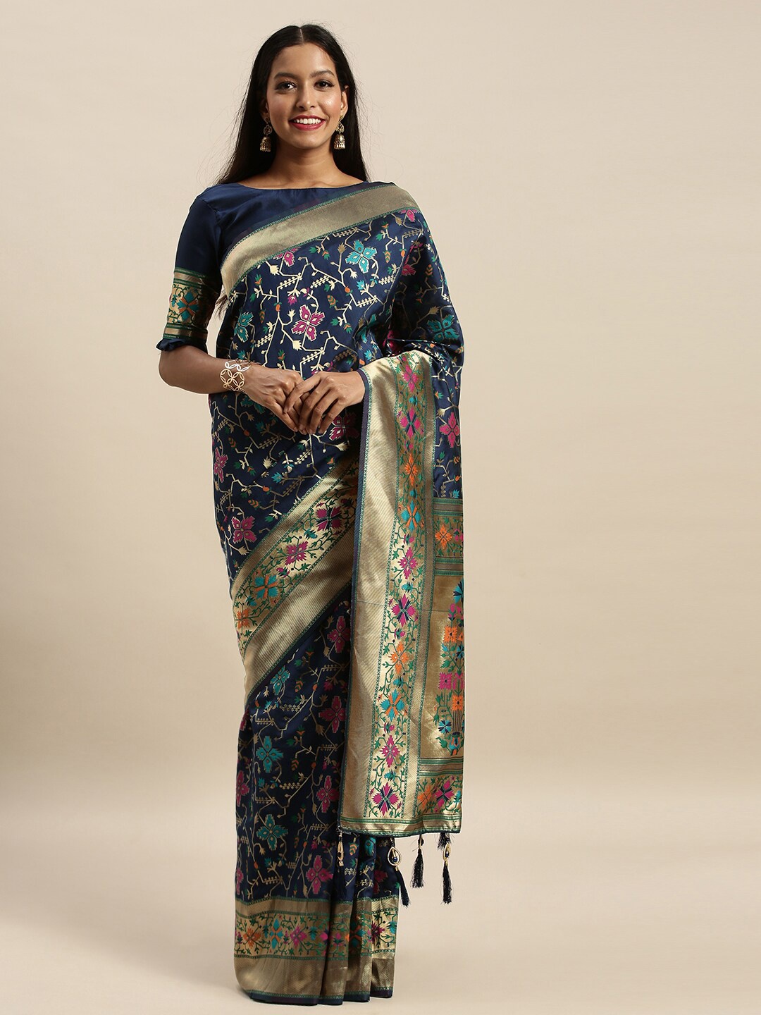 

Mitera Navy Blue & Gold-Toned Ethnic Motifs Woven Design Zari Banarasi Saree