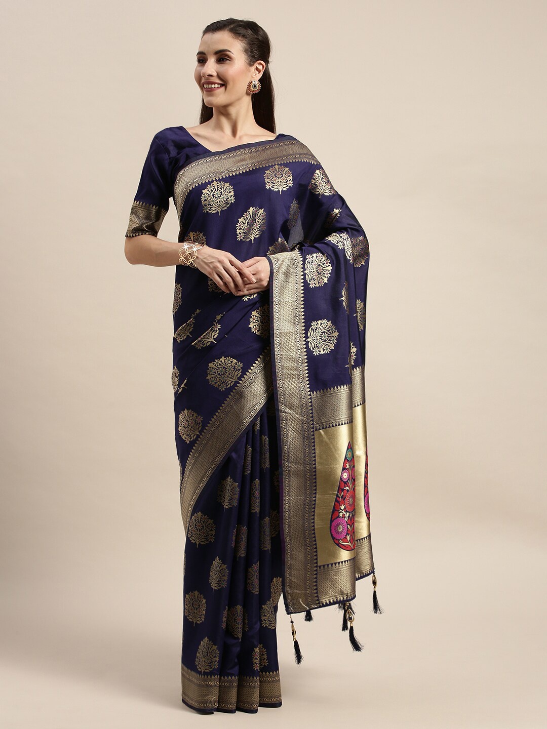 

Mitera Navy Blue & Gold-Toned Ethnic Motifs Woven Design Zari Banarasi Saree