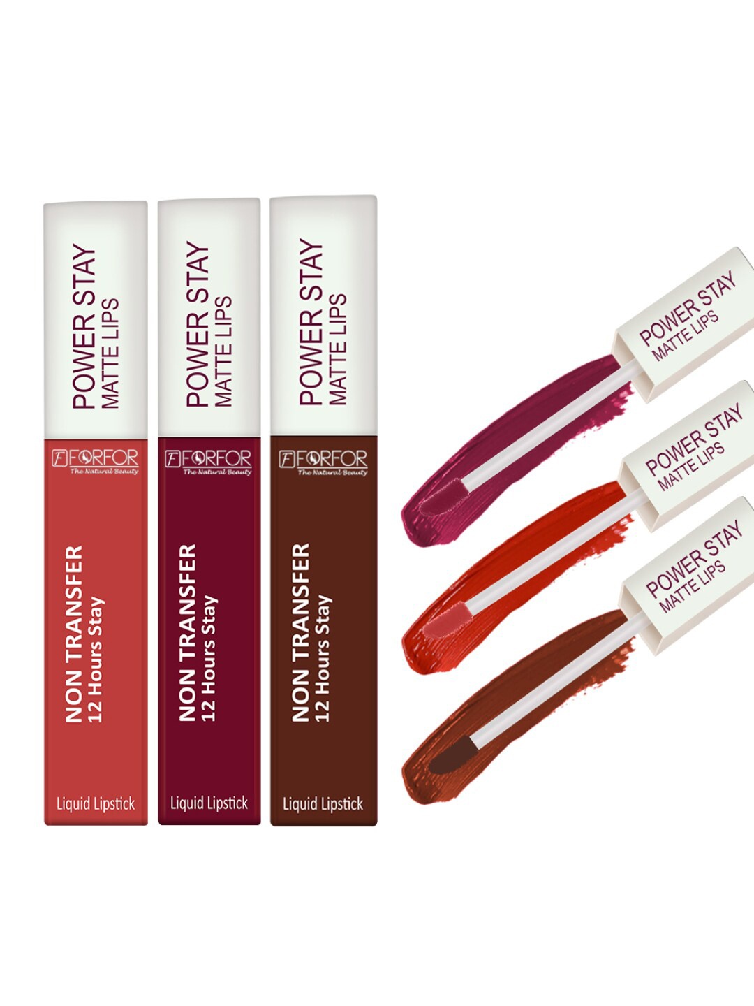 

FORFOR Power Stay Set Of 3 Liquid Matte Lipstick-5mlEach-CandyRed-BridalMaroon-CocoaBrown, Brown