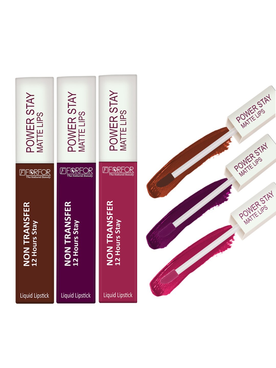 

FORFOR Set Of 3 Power Stay Liquid Matte Lipsticks - Berry Wine+Pink Blush+Cocoa Brown, Multi