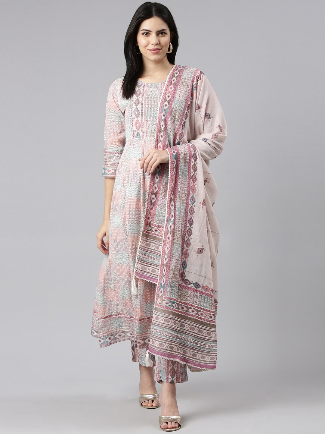 Neerus Printed Empire Mirror Work Kurta with Trousers & Dupatta, Pink