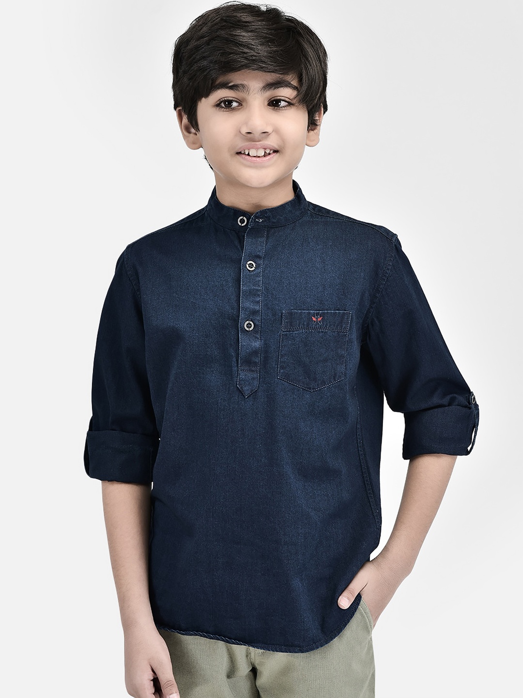 

Crimsoune Club Boys Mandarin Collar Pure Cotton Kurta, Navy blue