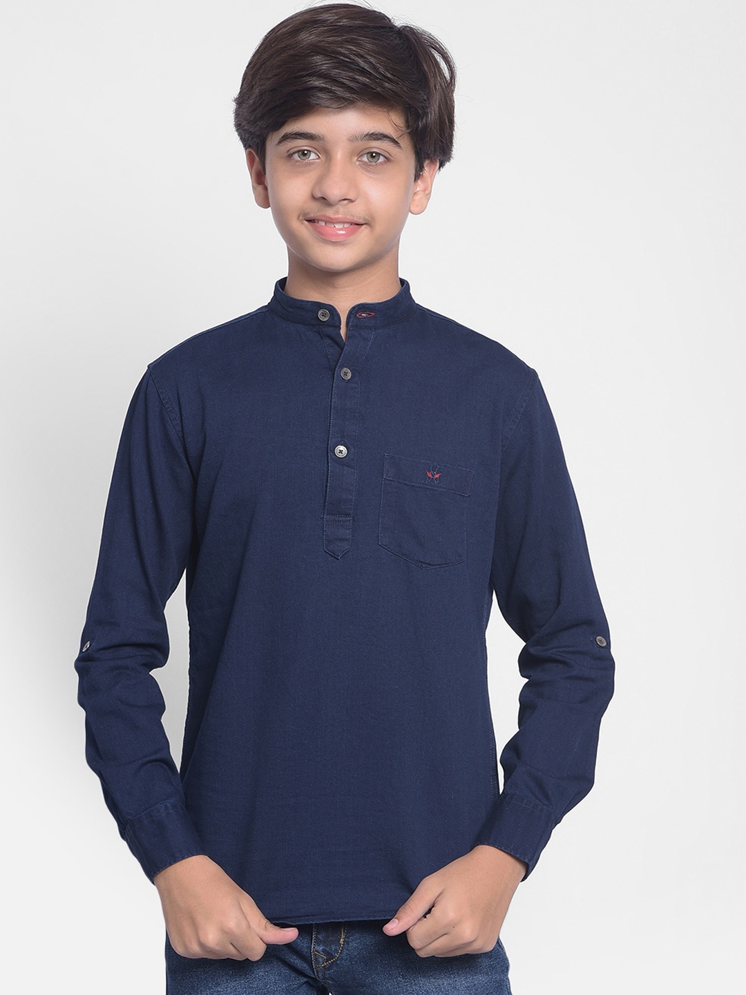 

Crimsoune Club Boys Mandarin Collar Pure Cotton Denim Kurta, Navy blue