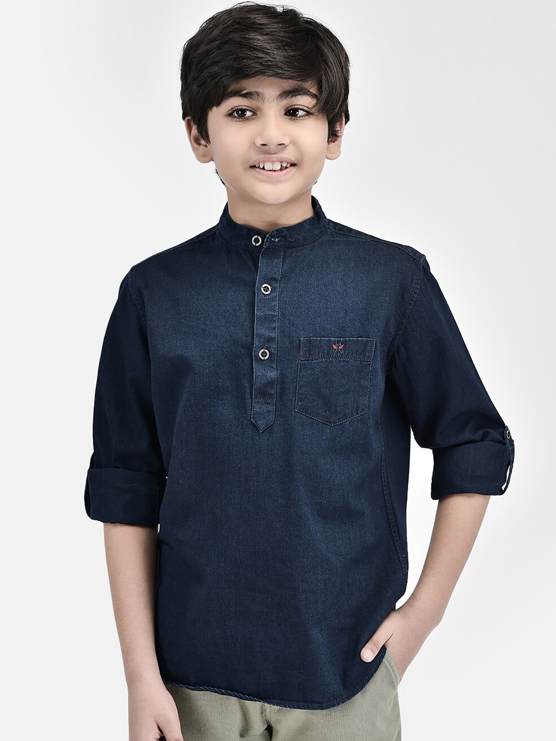 

Crimsoune Club Boys Mandarin Collar Pure Cotton Denim Kurta, Navy blue