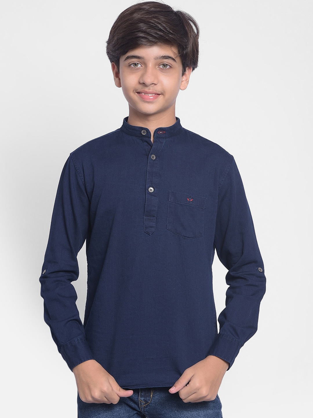 

Crimsoune Club Boys Mandarin Collar Pure Cotton Denim Kurta, Navy blue