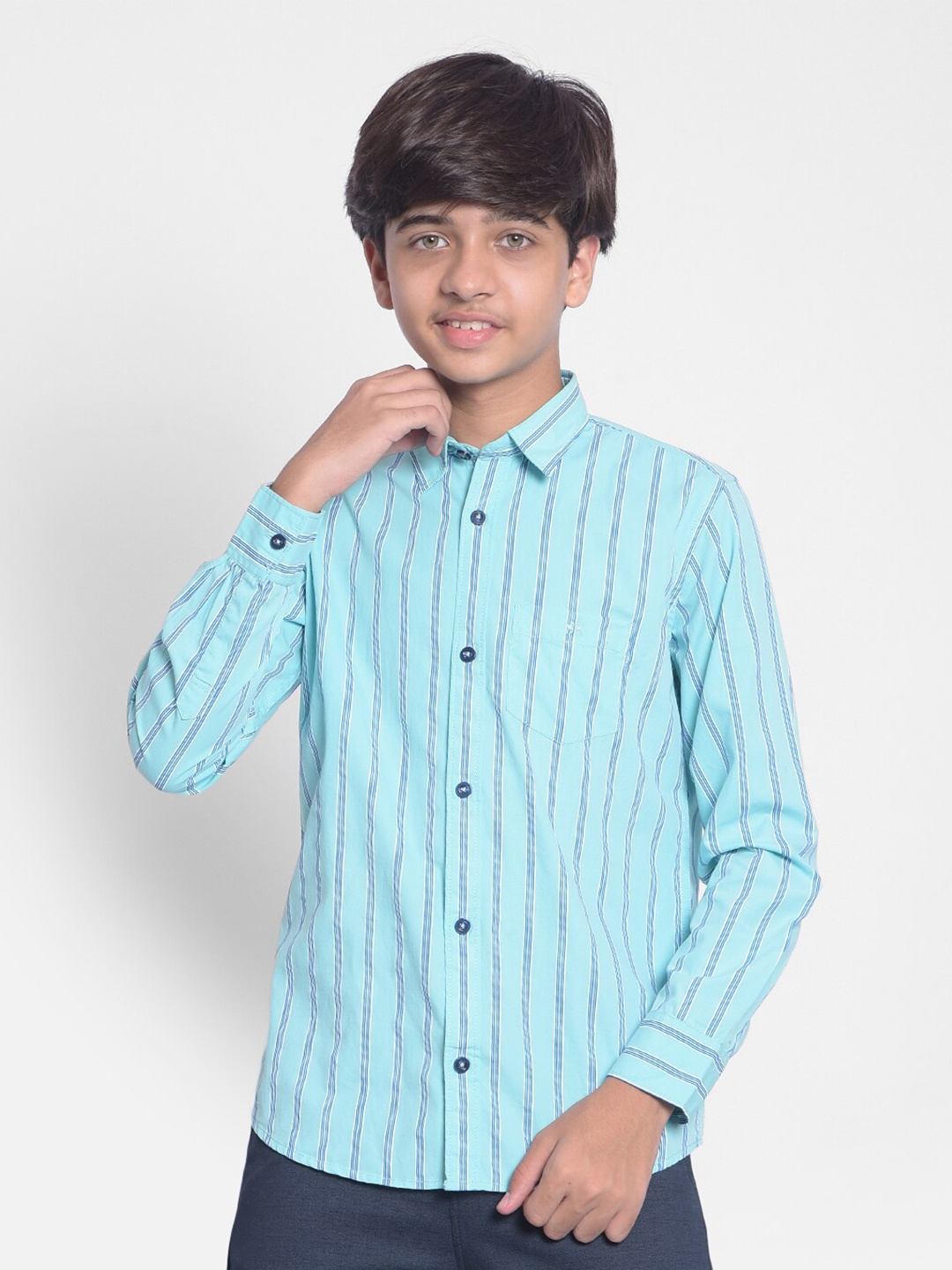 

Crimsoune Club Boys Striped Classic Slim Fit Cotton Casual Shirt, Blue