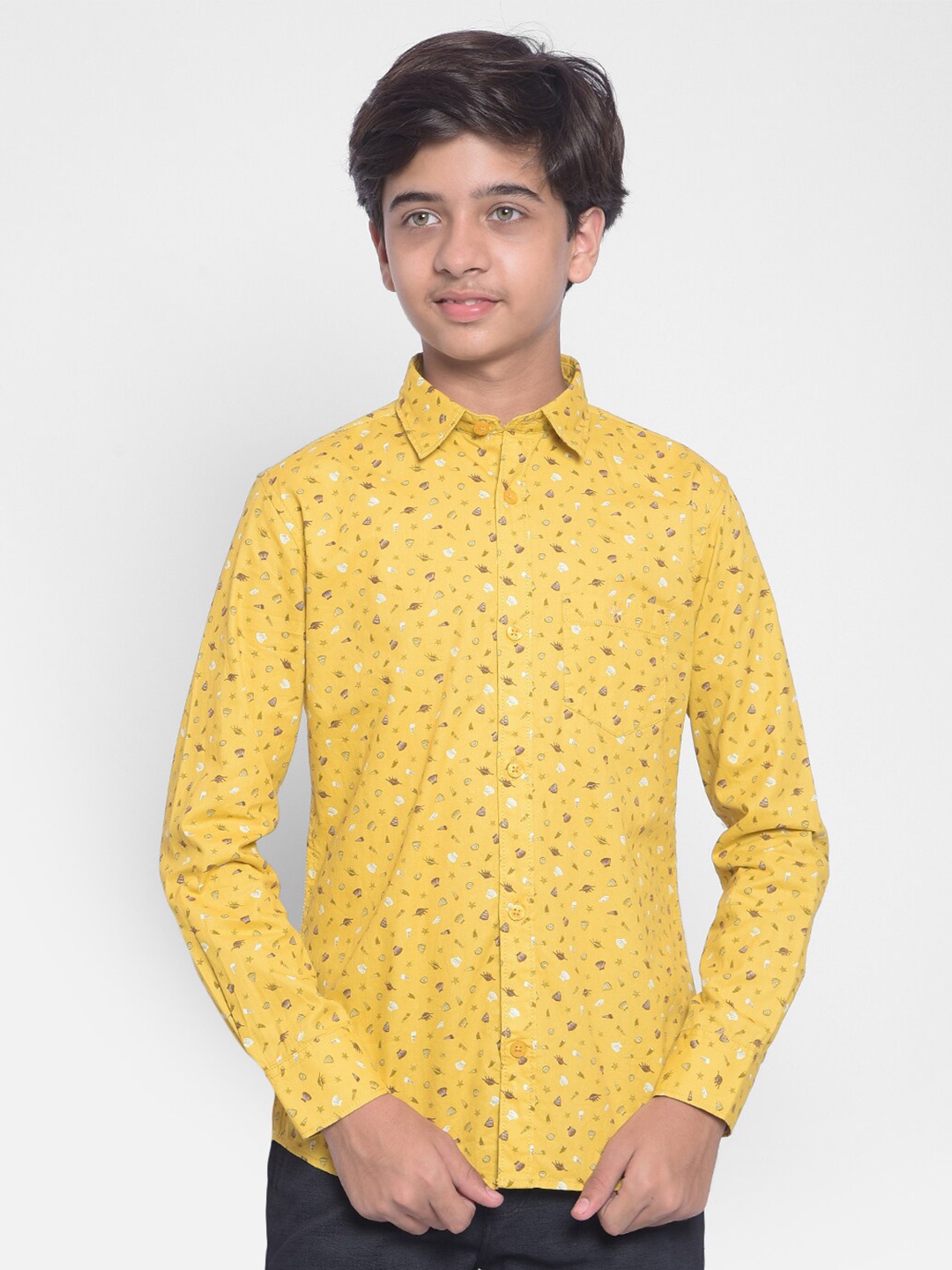

Crimsoune Club Boys Conversational Printed Spread Collar Cotton Casual Shirt, Yellow