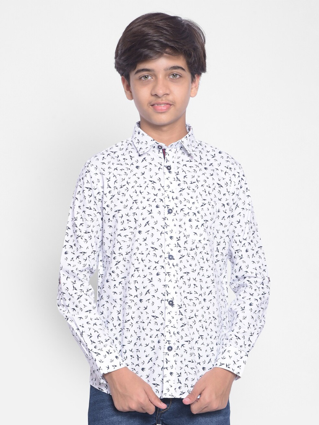 

Crimsoune Club Boys Conversational Printed Spread Collar Cotton Casual Shirt, White