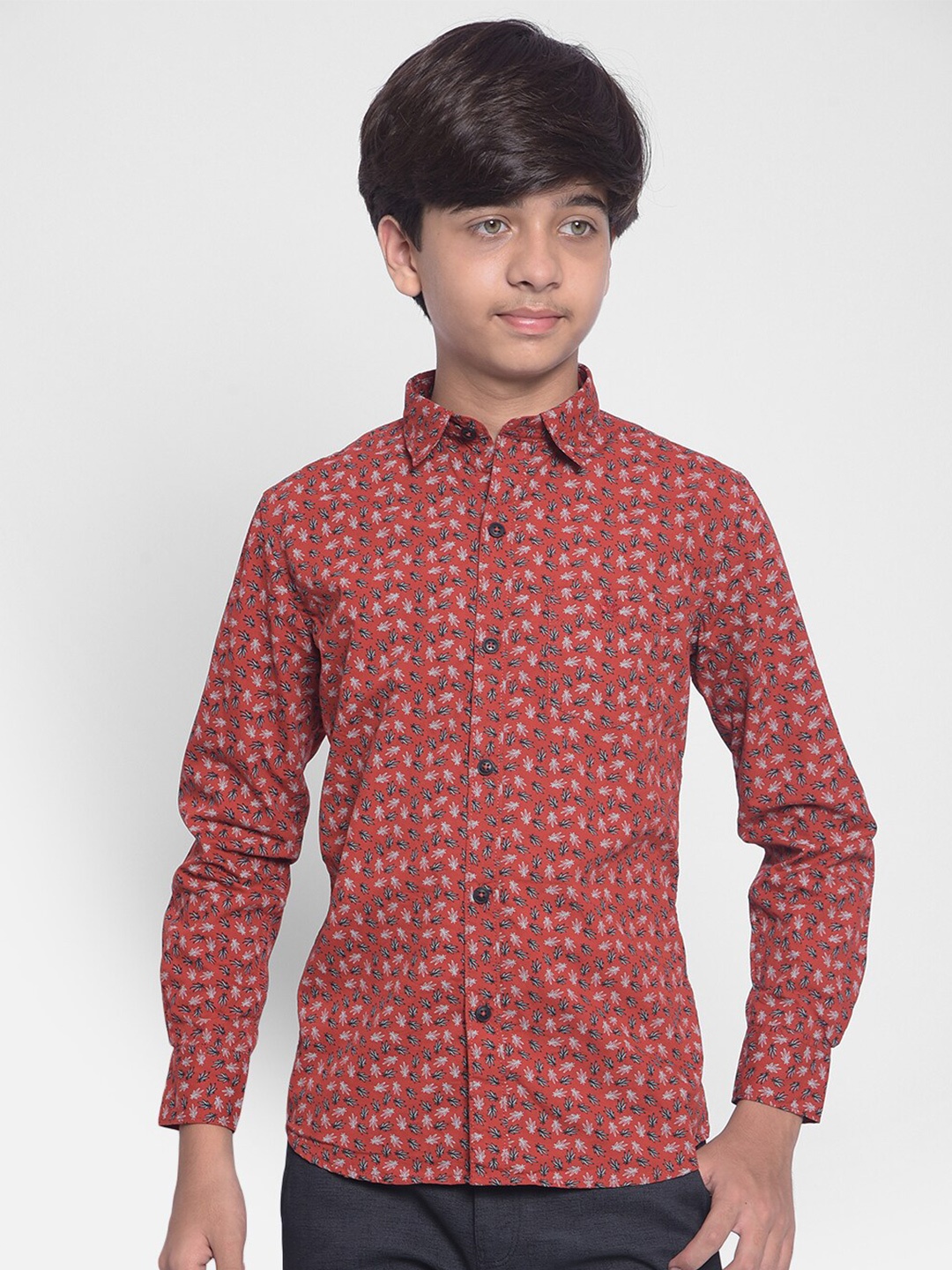 

Crimsoune Club Boys Floral Printed Spread Collar Cotton Casual Shirt, Red