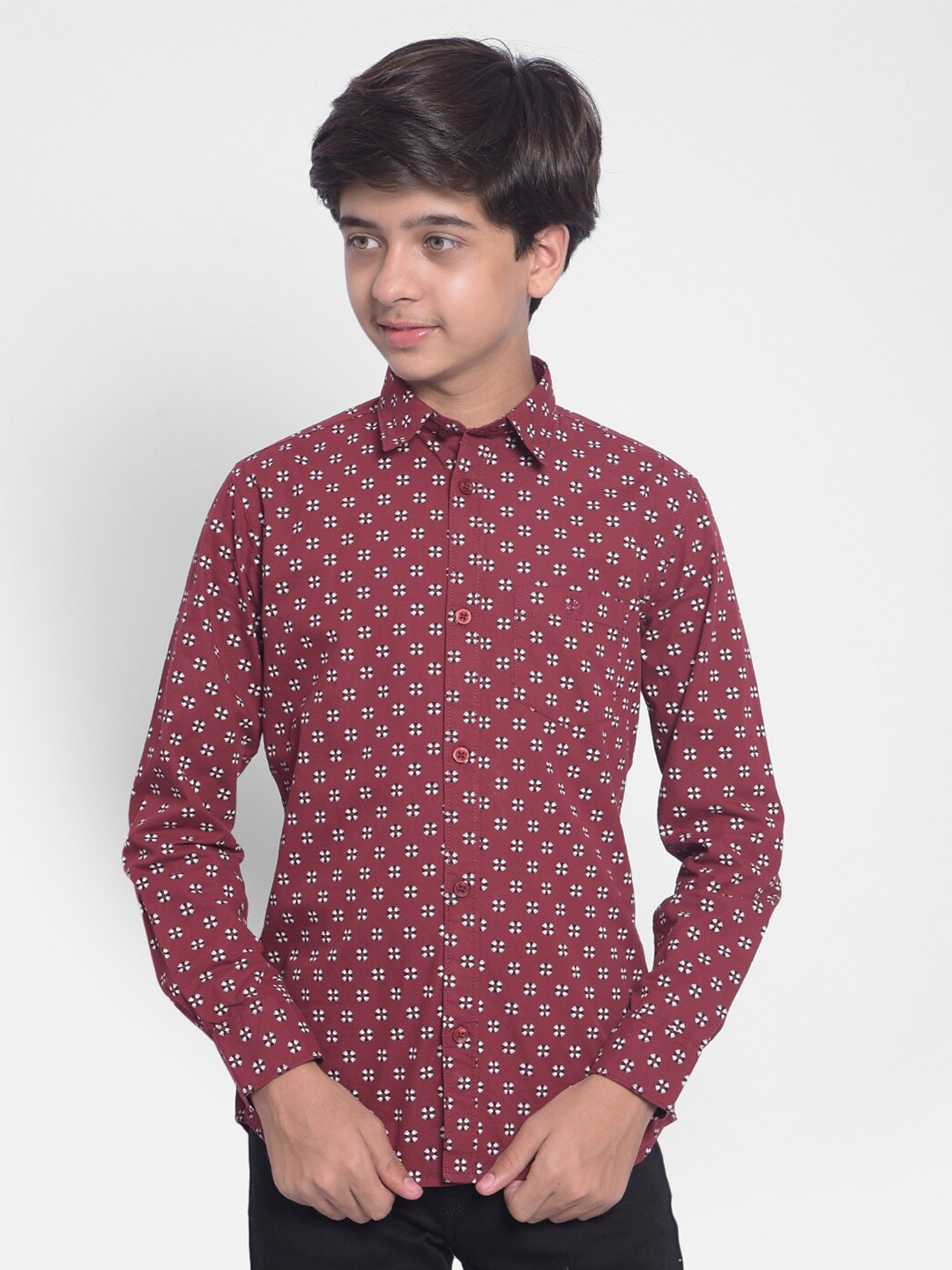 

Crimsoune Club Boys Geometric Printed Spread Collar Cotton Casual Shirt, Maroon