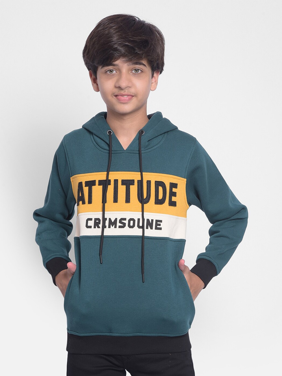 

Crimsoune Club Boys Green Typography Printed Hooded Pullover Sweatshirt