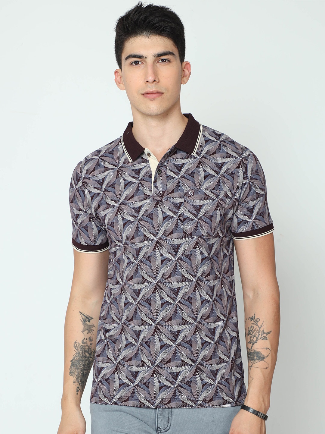 

Classic Polo Geometric Printed Polo Collar Slim Fit Cotton T-shirt, Grey