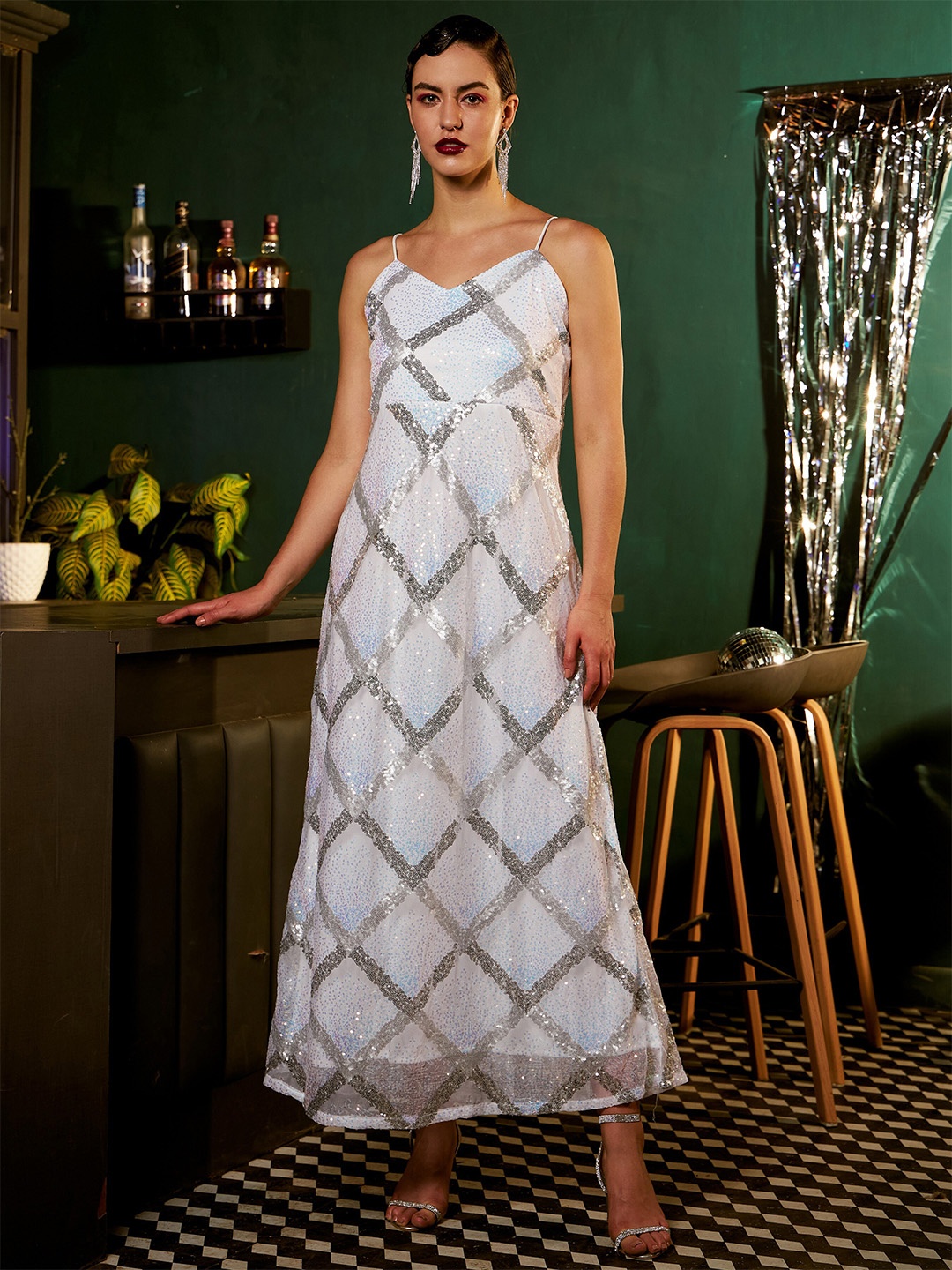 

ASPORA Checked Net A-Line Maxi Dress, White