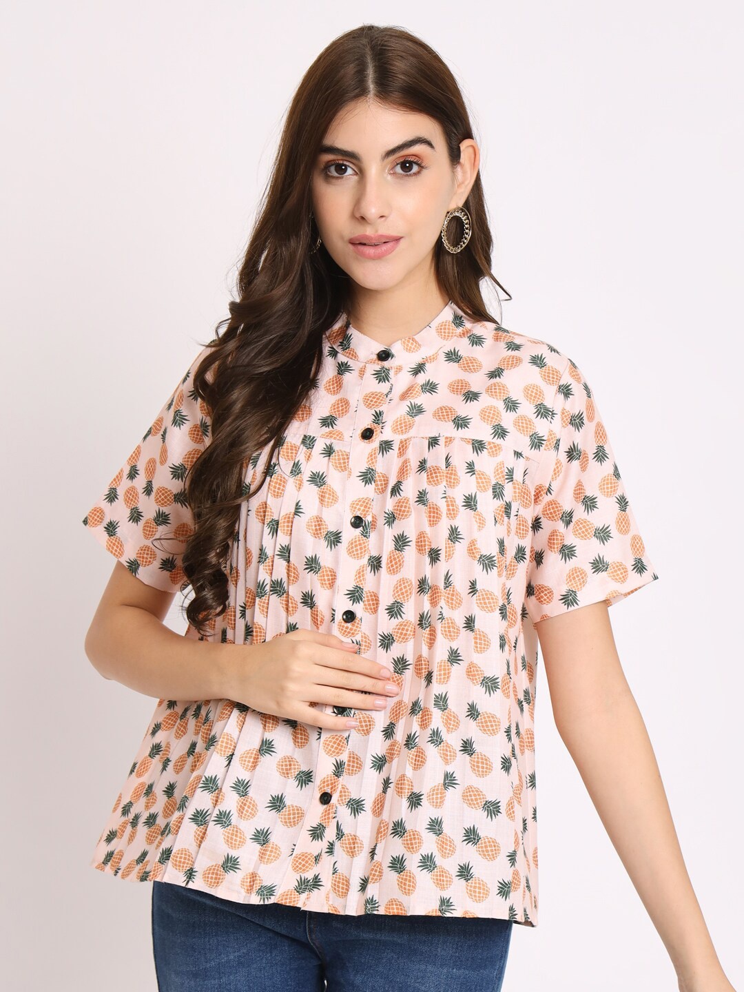 

CHARMGAL Conversational Printed Mandarin Collar Pleated Shirt Style Top, Cream
