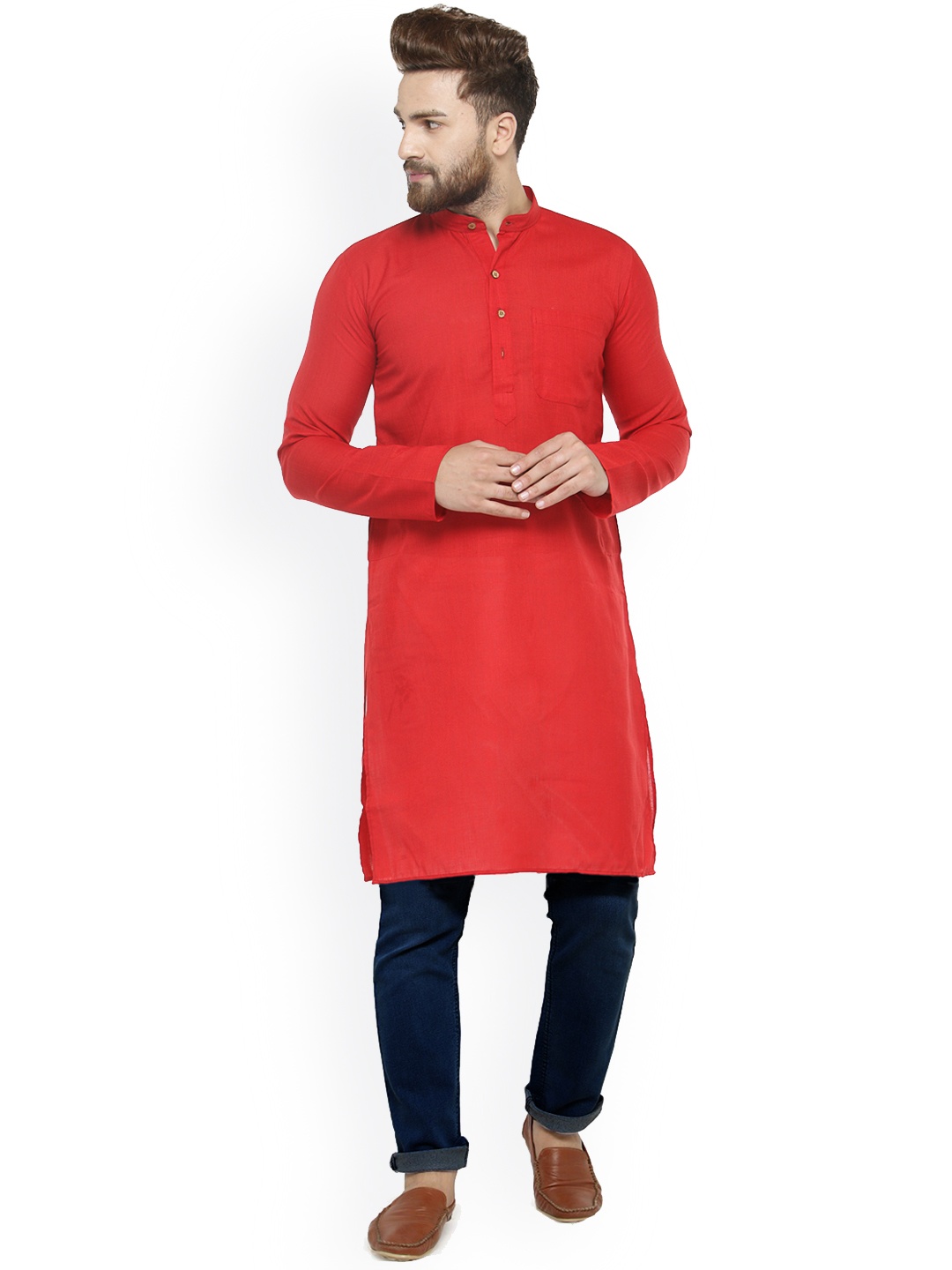 

Jompers Men Red Solid Straight Kurta