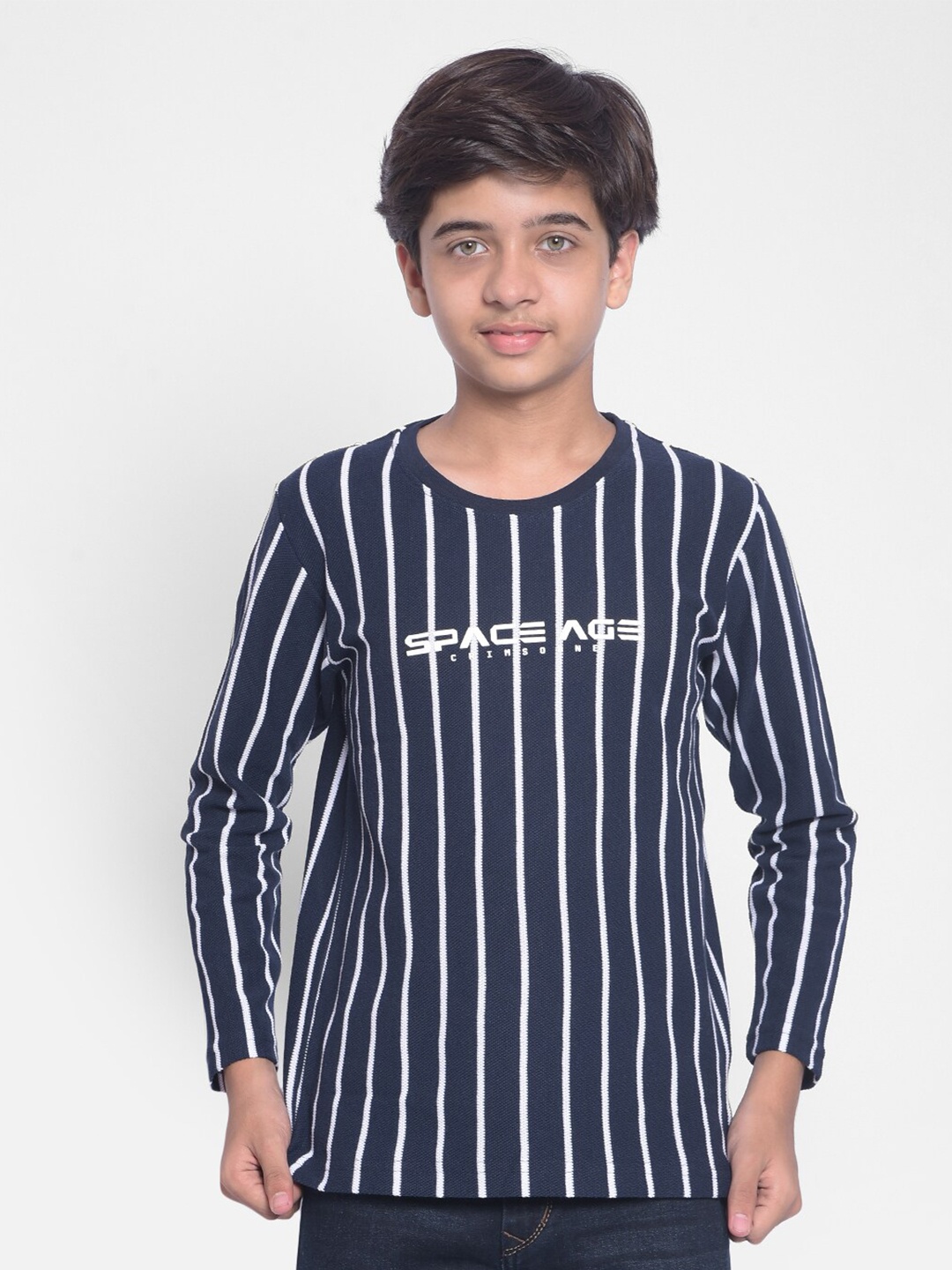 

Crimsoune Club Boys Vertical Striped Round Neck Casual T-shirt, Navy blue