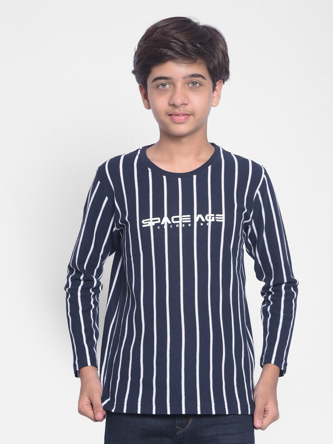 

Crimsoune Club Boys Vertical Striped Round Neck Casual T-shirt, Navy blue
