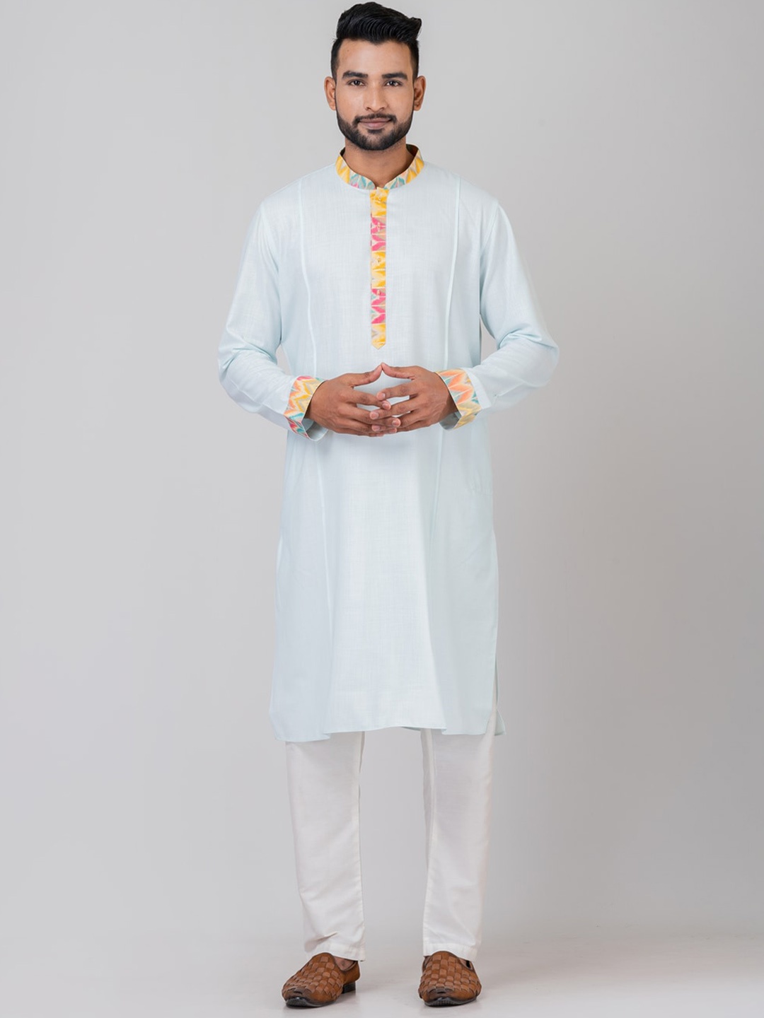 

HU - Handcrafted Uniquely Mandarin Collar Pastels Straight Kurta With Pyjamas, Blue