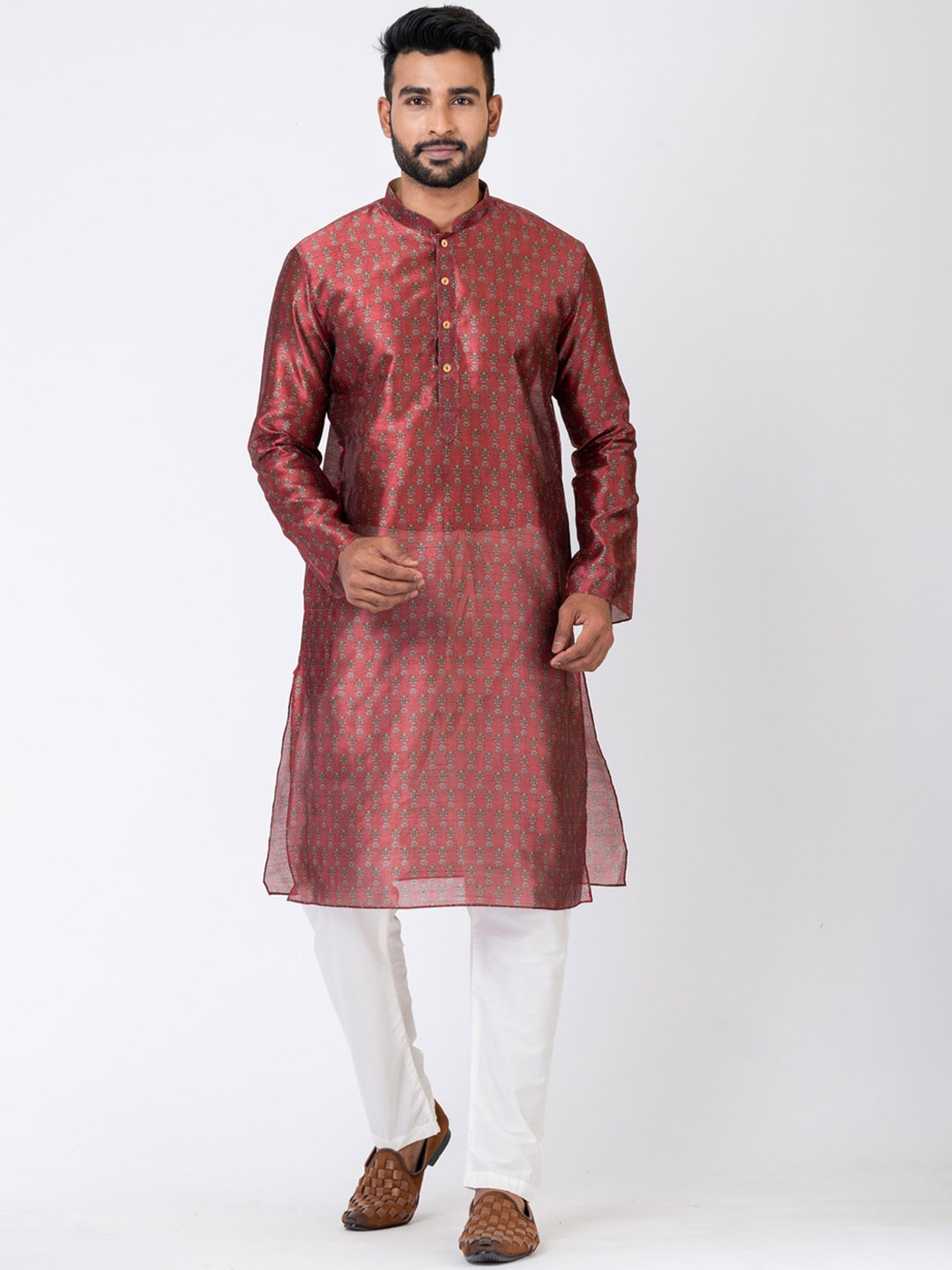 

HU - Handcrafted Uniquely Floral Printed Chanderi Silk Straight Kurta With Pyjamas, Maroon