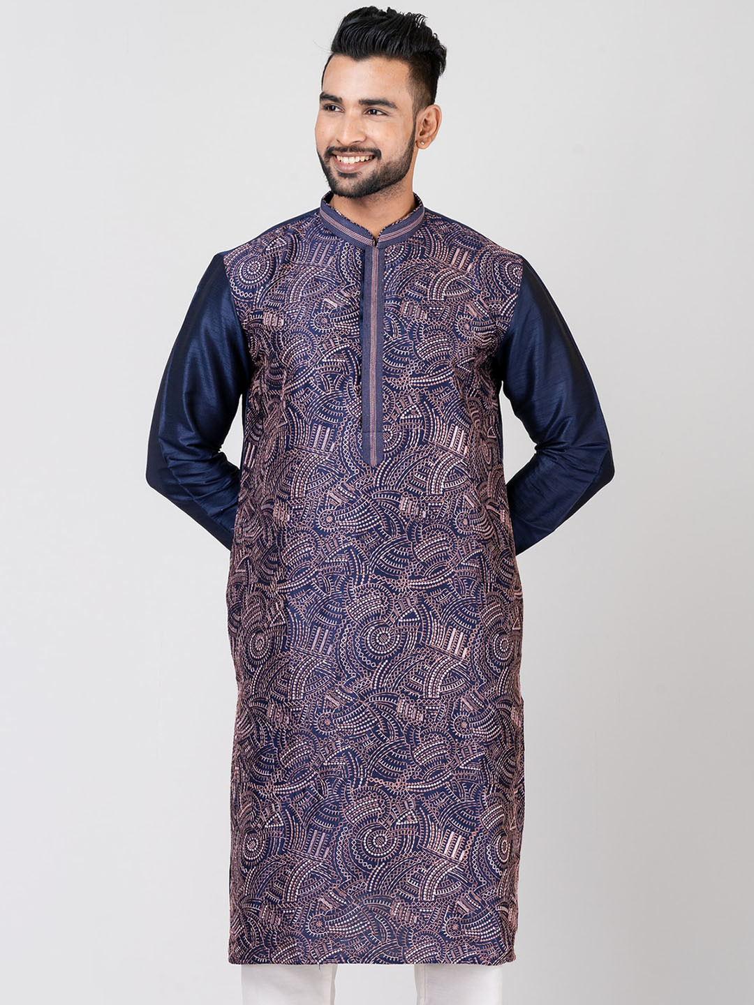 

HU - Handcrafted Uniquely Geometric Embroidered Dupion Silk Straight Kurta With Pyjamas, Navy blue