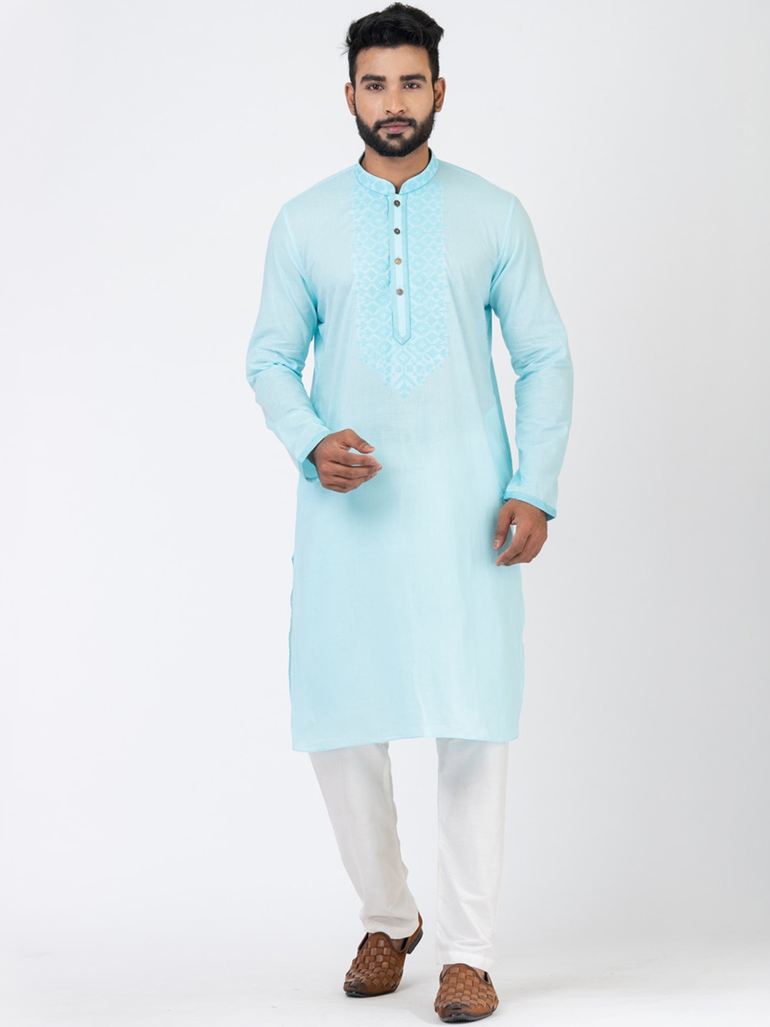

HU - Handcrafted Uniquely Ethnic Yoke Design Thread Work Straight Kurta With Pyjamas, Blue