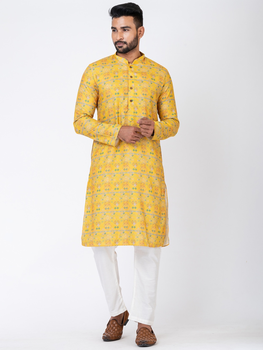 

HU - Handcrafted Uniquely Ethnic Motifs Printed Regular Kurta With Trousers, Yellow