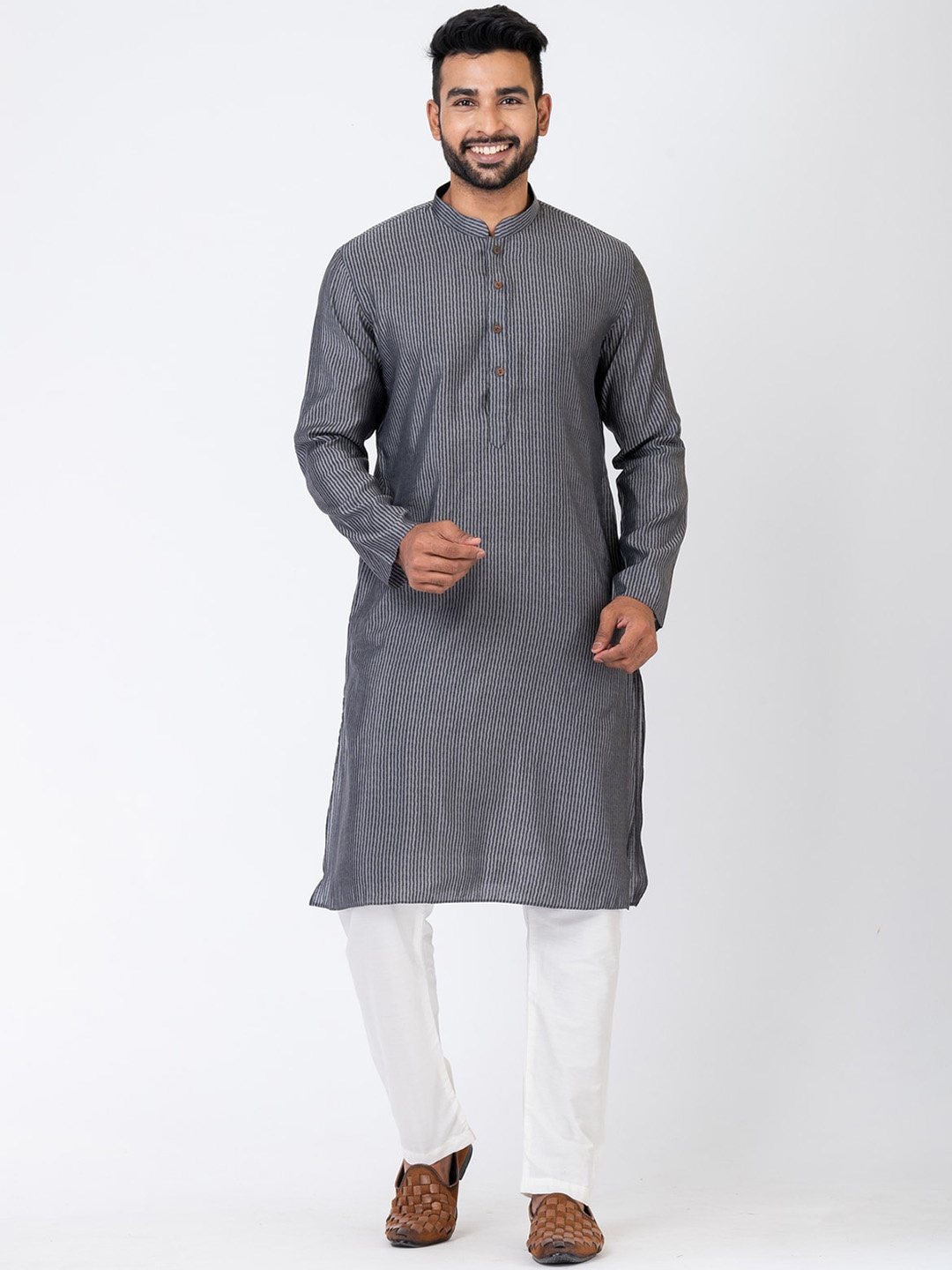 

HU - Handcrafted Uniquely Striped Regular Kurta with Pyjamas, Grey