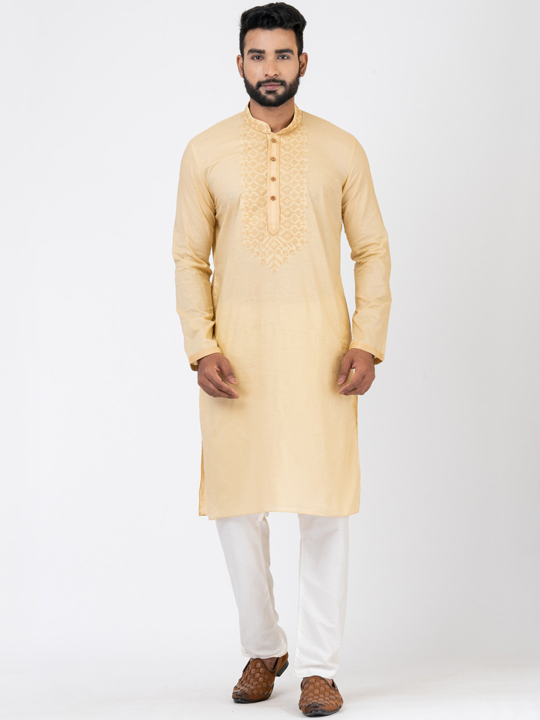 

HU - Handcrafted Uniquely Ethnic Motifs Yoke Design Straight Kurta With Pyjamas, Cream