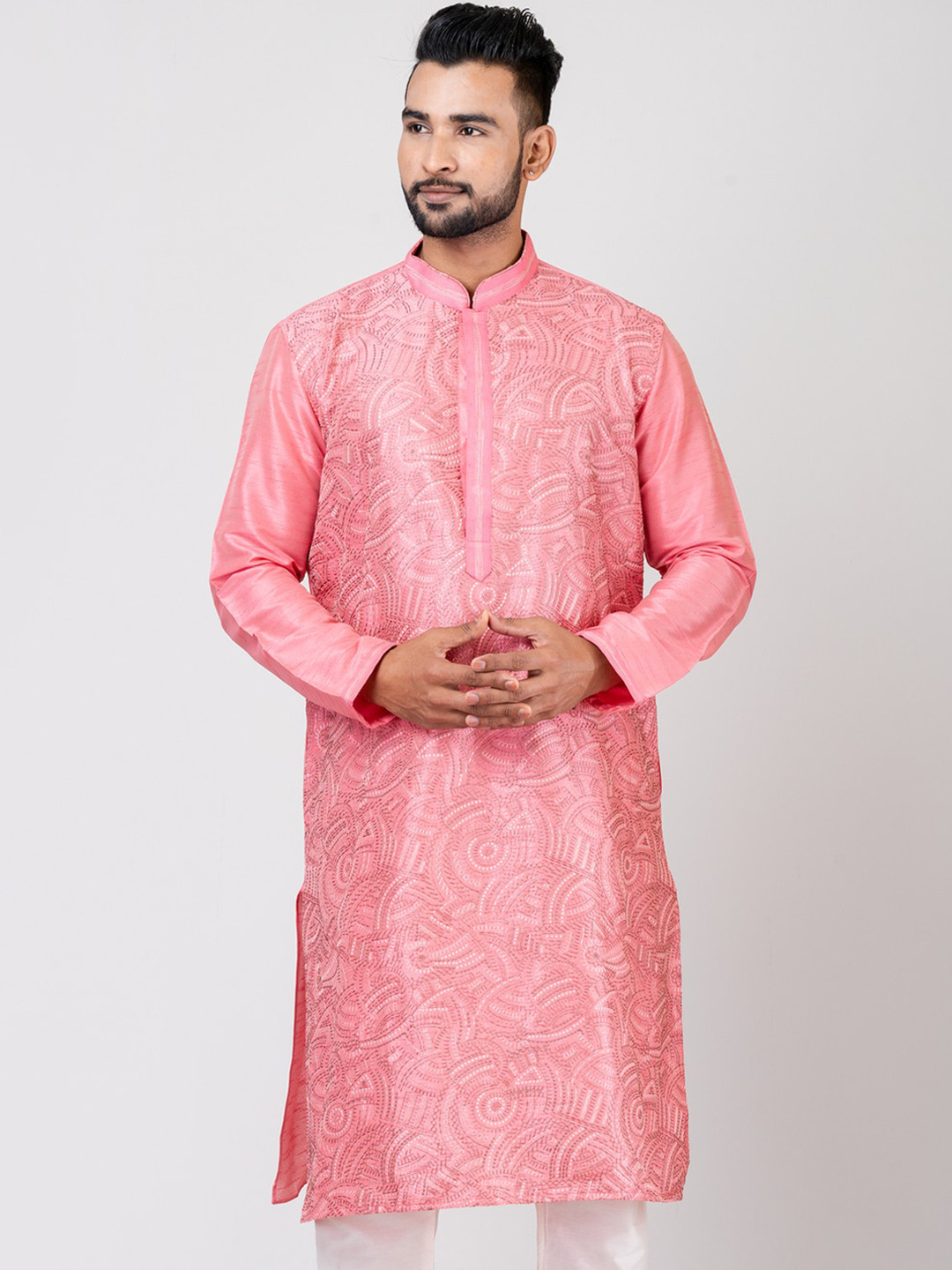 

HU - Handcrafted Uniquely Abstract Embroidered Thread Work Dupion Silk Kurta with Pyjamas, Pink