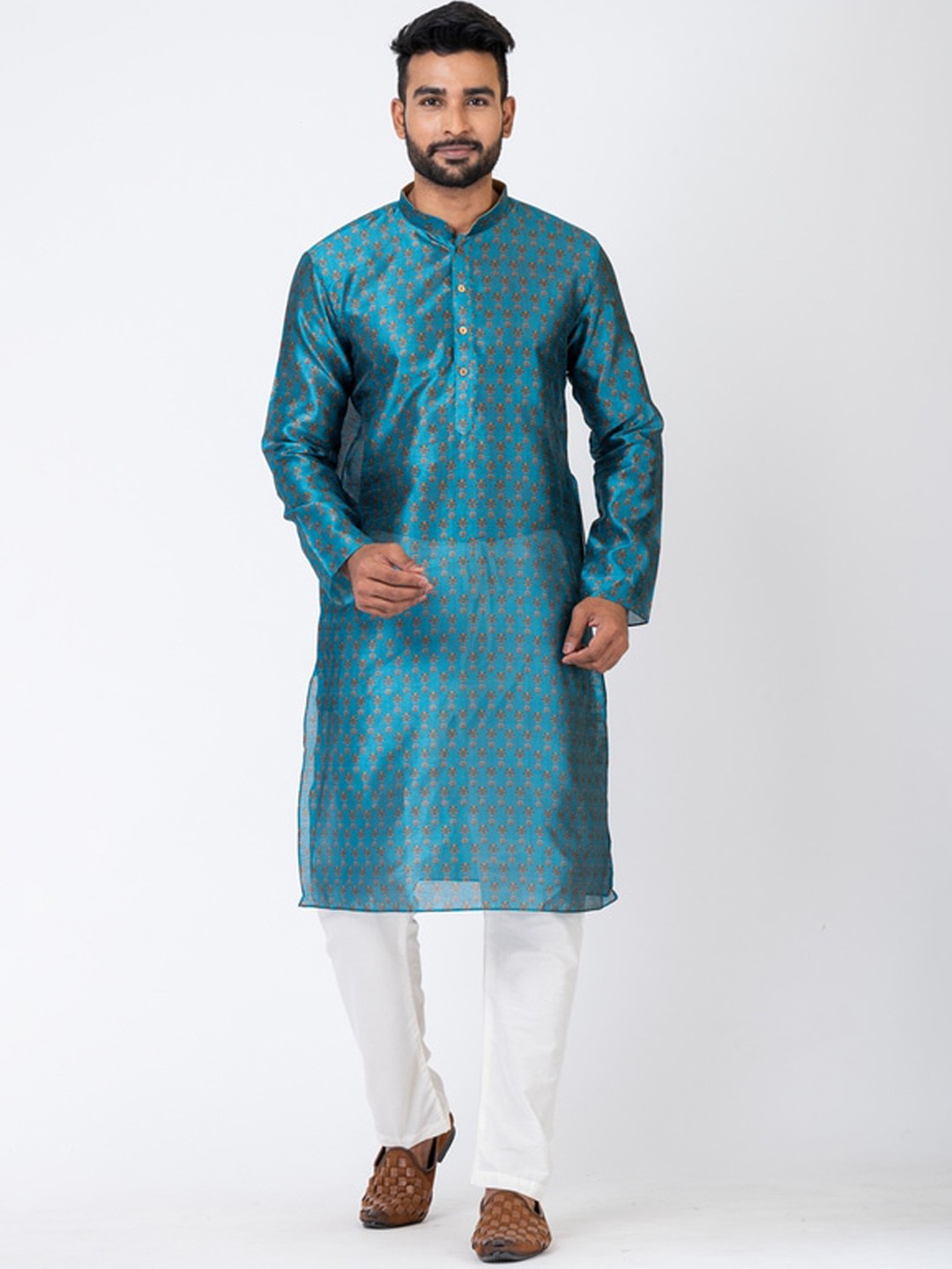 

HU - Handcrafted Uniquely Ethnic Motifs Woven Design Chanderi Silk Kurta With Pyjamas, Blue