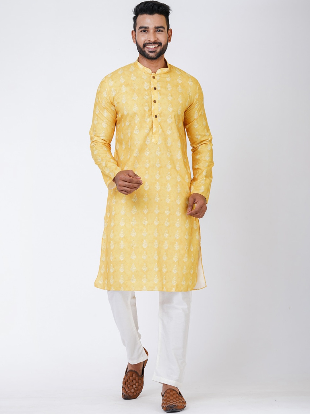 

HU - Handcrafted Uniquely Ethnic Motifs Printed Straight Kurta With Pyjamas, Yellow