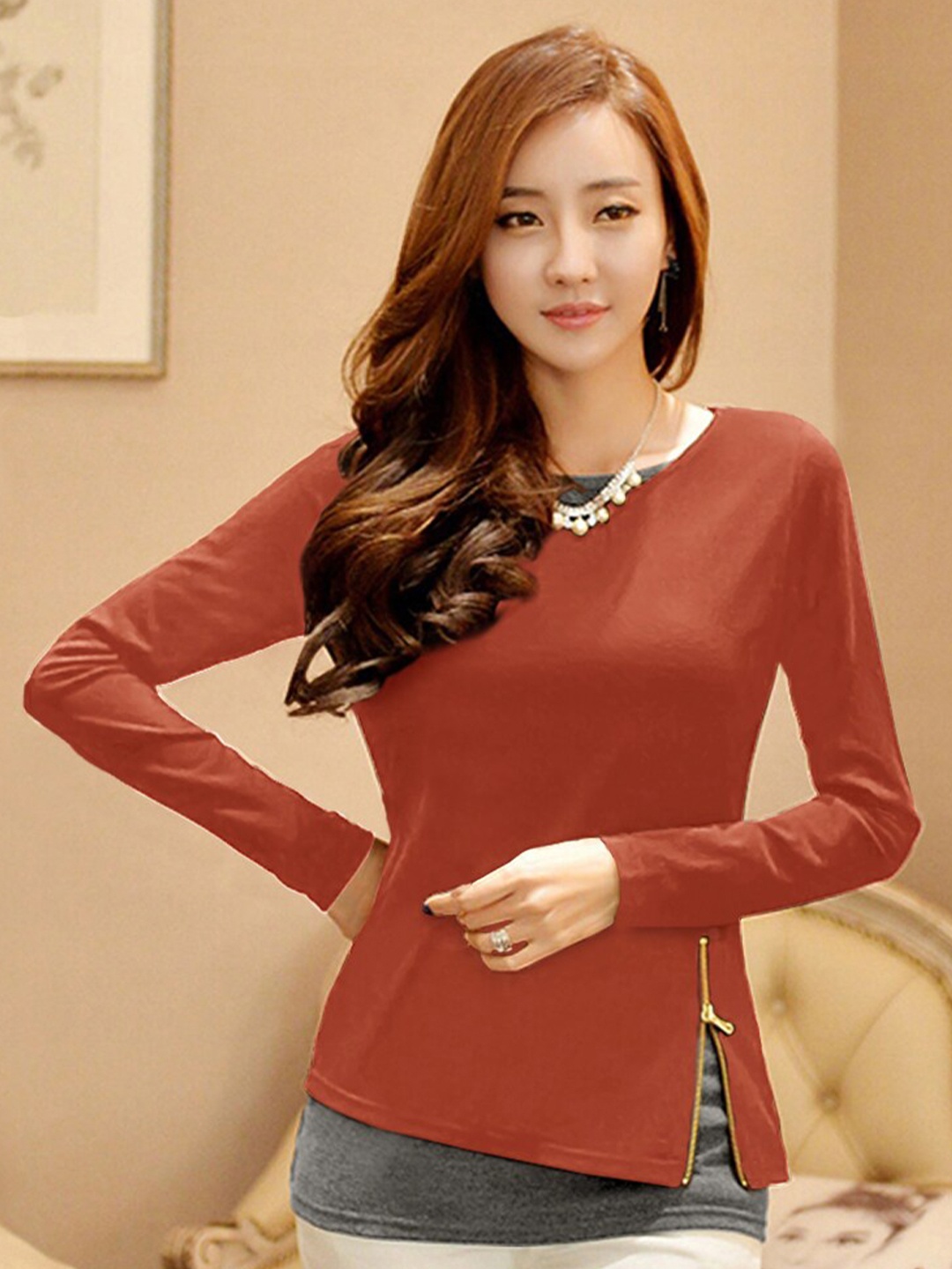 

Eyebogler Round Neck Cotton Top, Rust