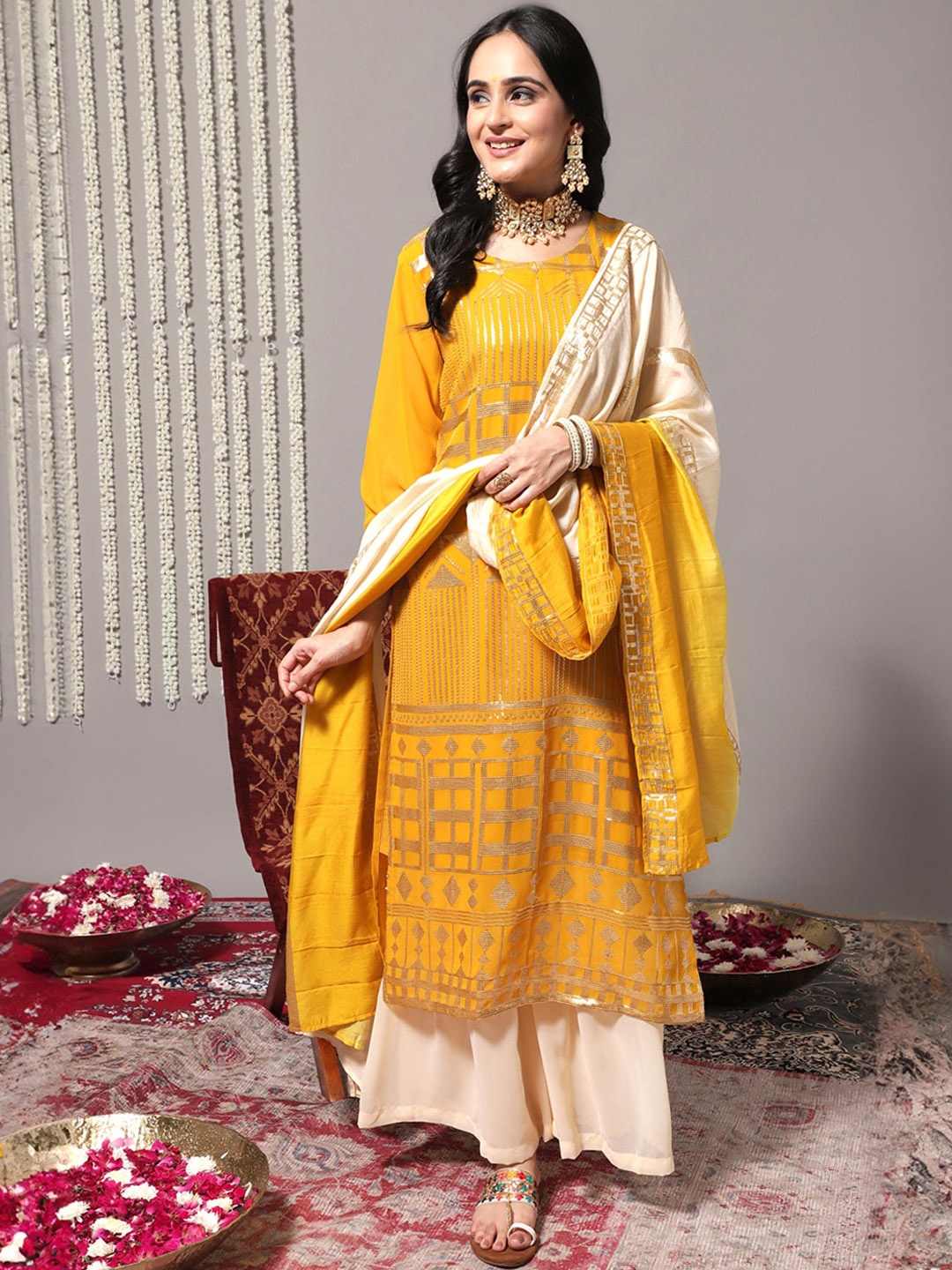 

Varanga Ethnic Motifs Embroidered Sequinned Detail Straight Kurta & Sharara With Dupatta, Yellow