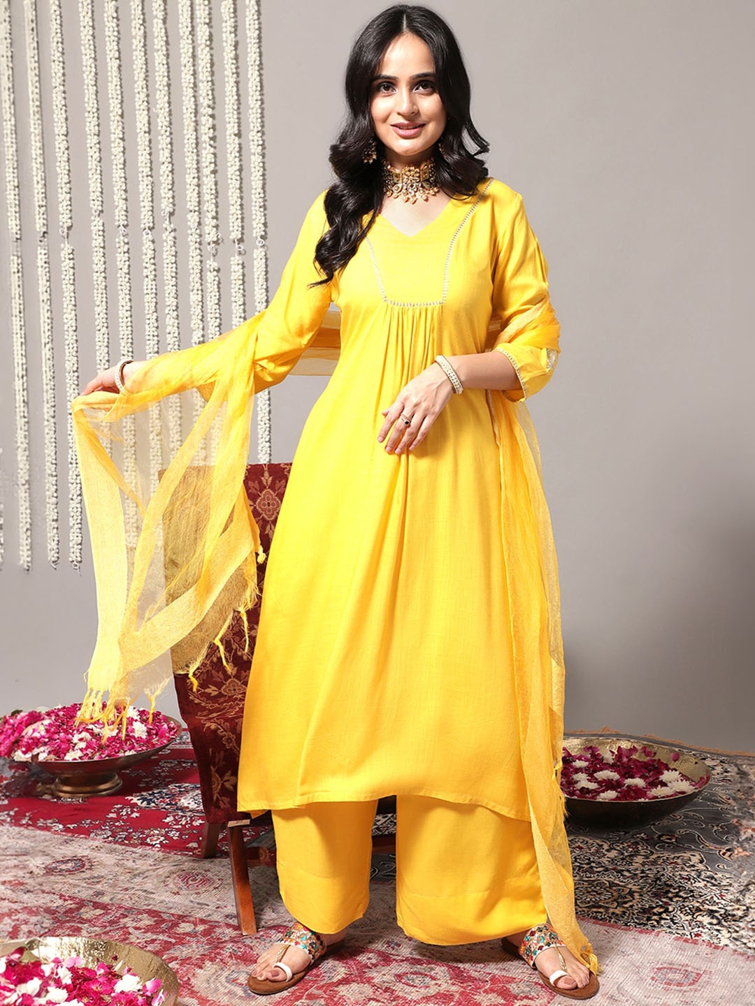 

Varanga V-Neck A-Line Pleated Kurta with Palazzos & With Dupatta, Yellow