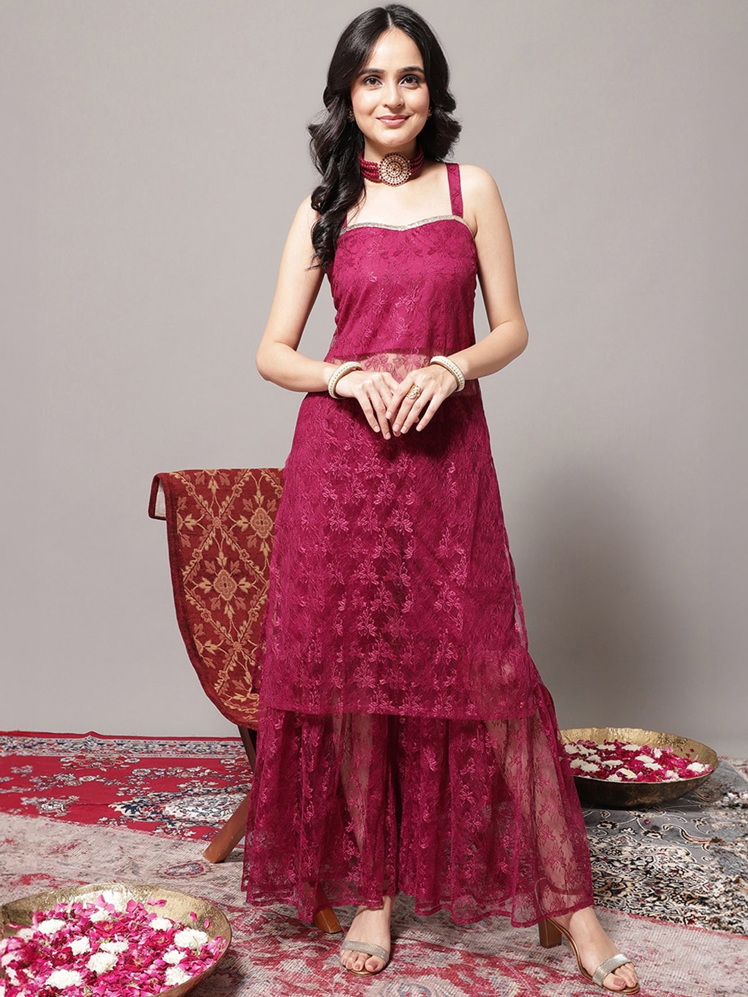

Varanga Floral Embroidered Shoulder Strap Regular Kurta with Sharara, Magenta
