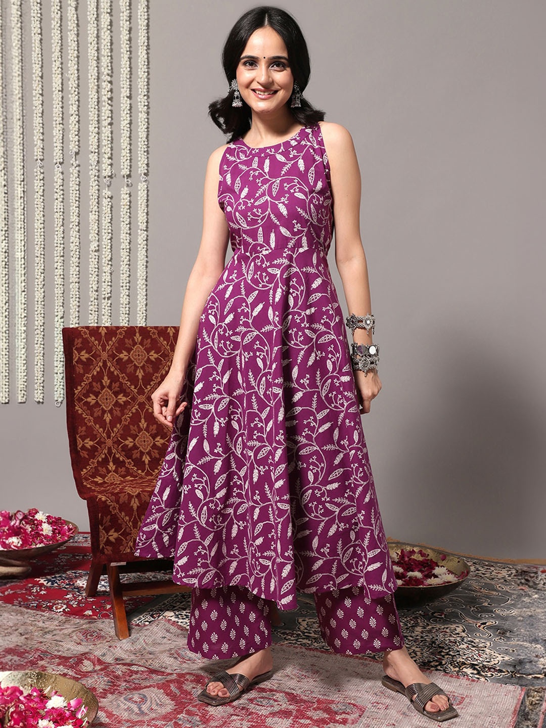 

Varanga Floral Printed Pure Cotton Anarkali Kurta with Trousers, Pink