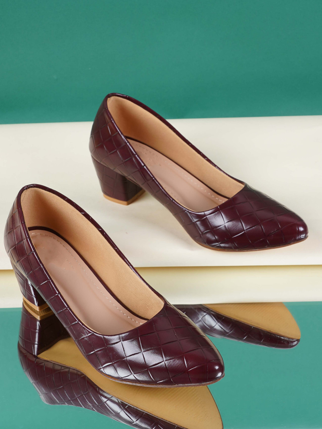 

Style Shoes Textured Pointed Toe Block Pumps, Maroon