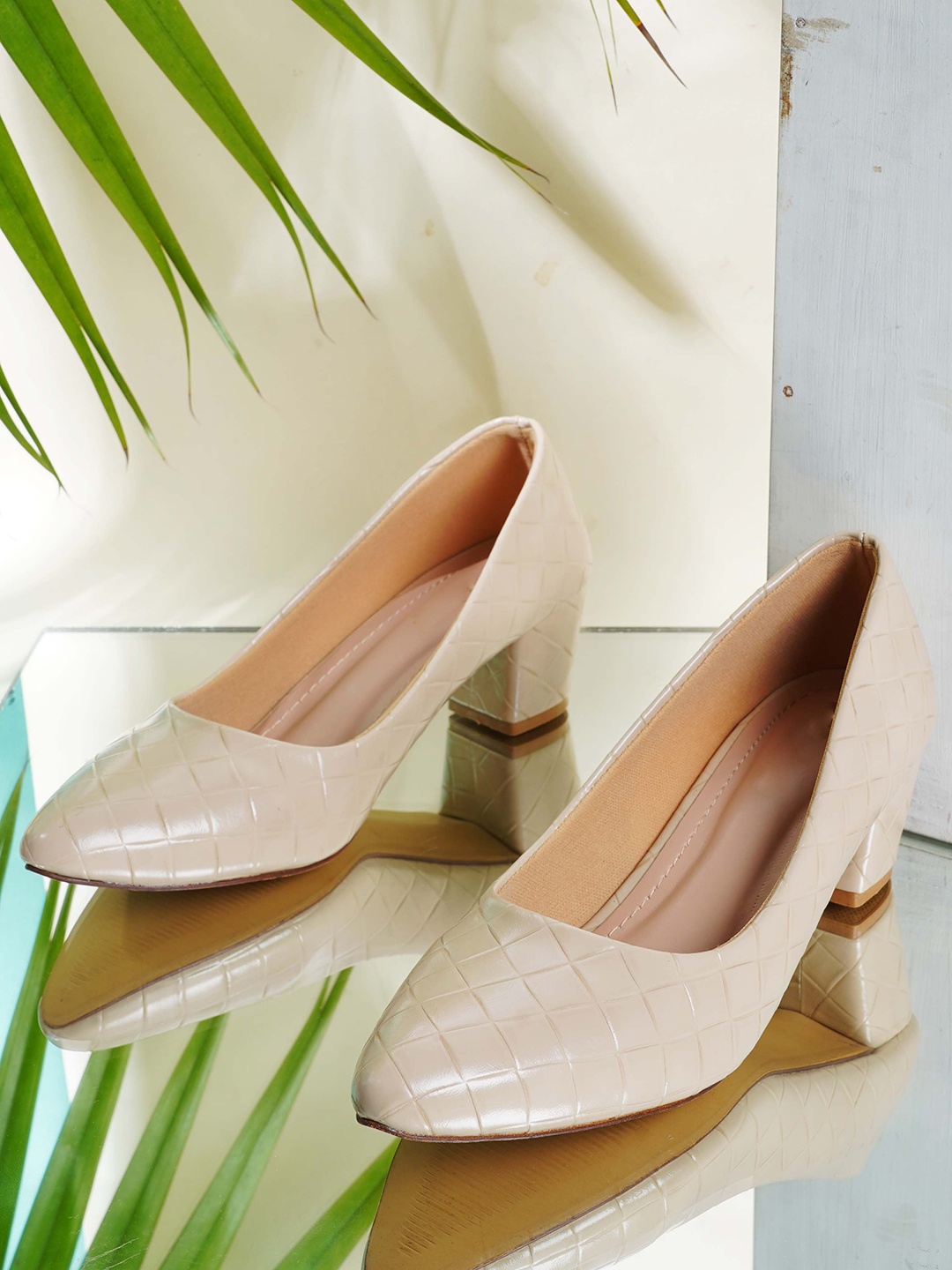 

Style Shoes Textured Pointed Toe Block Pumps, Cream